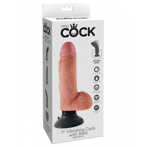 Телесный вибратор с мошонкой и съемной присоской 7" Vibrating Cock with Balls - 17,8 см.